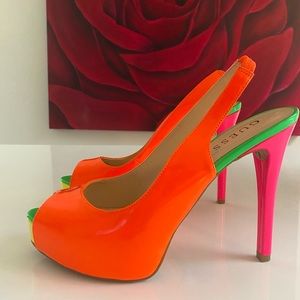 Guess neon multi color sling back heels.